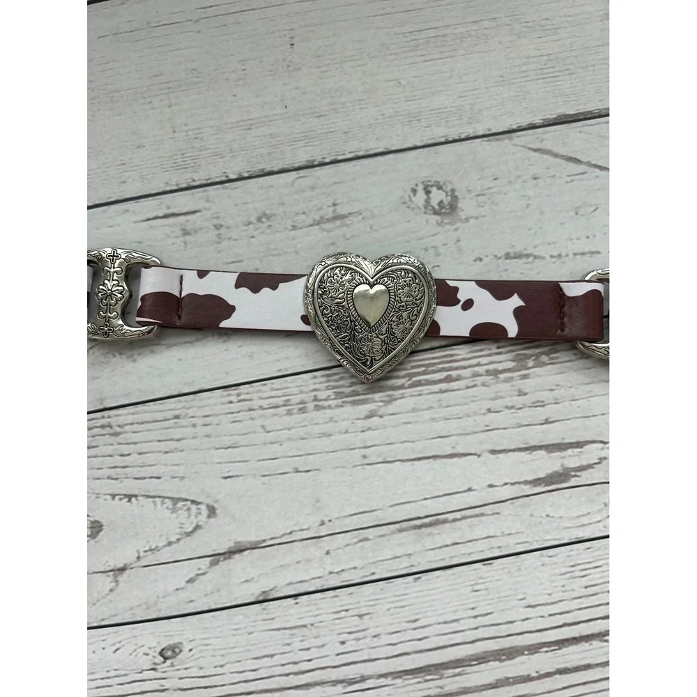 XOXO Womens Cow‎ Print Belt Brown White Heart Charms Western Silver Hardware M/L